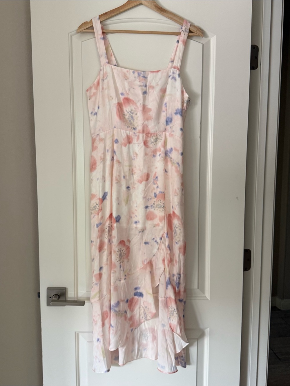 Women's Pink Floral Midi Dress with Ruffle Hem (New Without Tags)